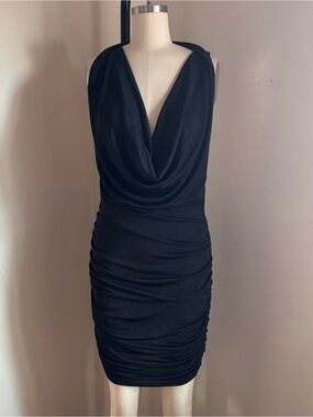 Black halter mini dress with ruched detailing